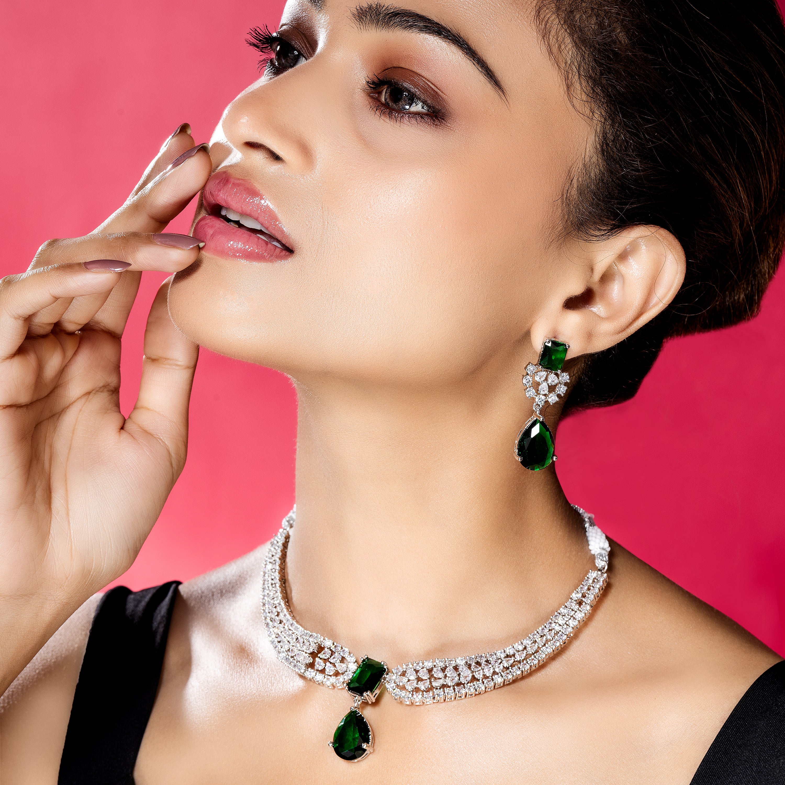 Emerald Eclipse American Diamond Necklace Set-Mivanaa